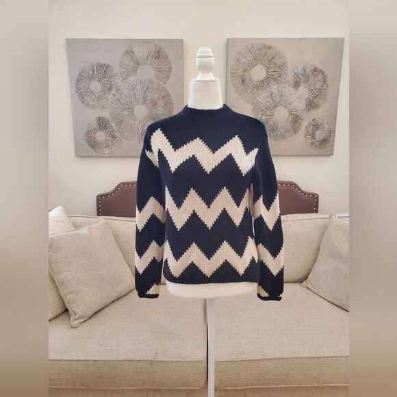 🌹 TALBOTS 🌹 Chunky Knit Mock Neck Chevron Black/White Sweater - [Petite Small] - Picture 1 of 9